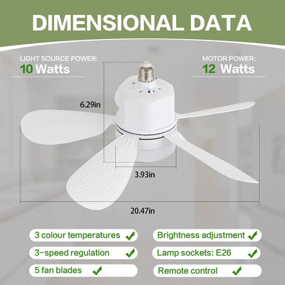 ASALL Socket Fan Light with Remote Control, Portable Small Ceiling Fan with Light for Kitchen,Bedroom, Livingroom, with Dimming Function, 1000 Lumens, Screws into E26/E27