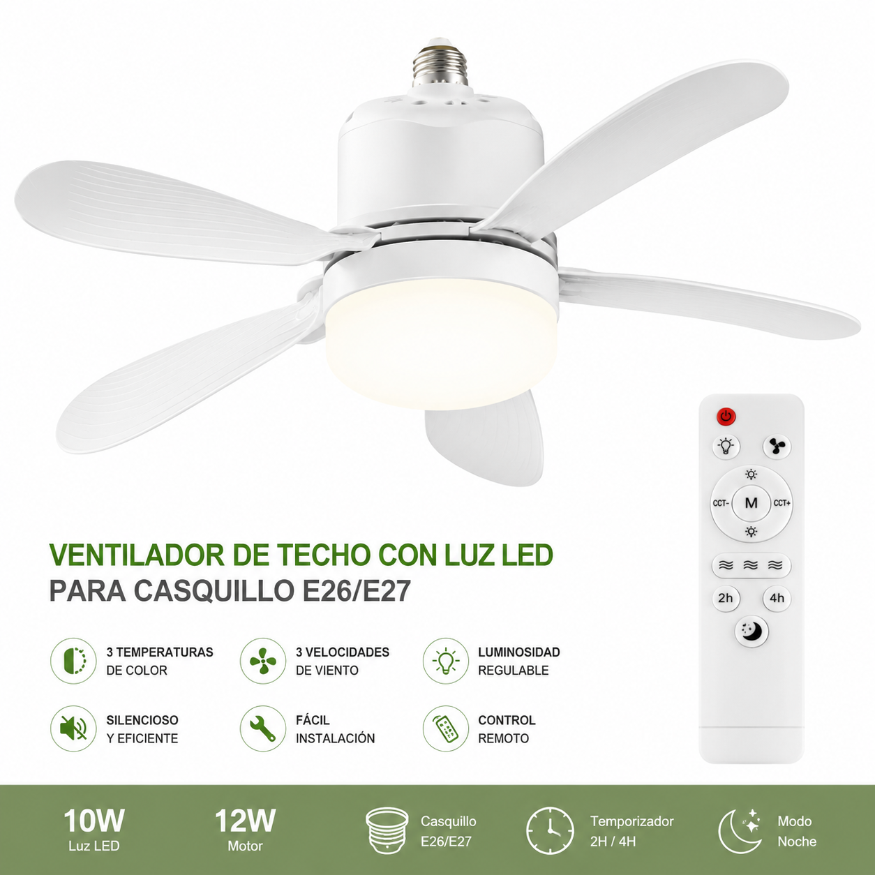 Ventilador de Techo con Luz LED para Casquillo E26/E27 y Mando a Distancia