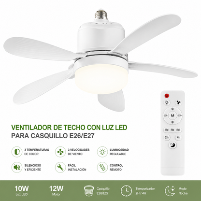 Ventilador de Techo con Luz LED para Casquillo E26/E27 y Mando a Distancia