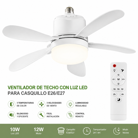 Ventilador de Techo con Luz LED para Casquillo E26/E27 y Mando a Distancia