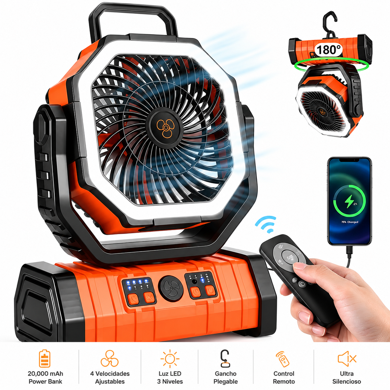 Ventilador Portátil Multifunción 20.000 mAh con Luz LED y Mando a Distancia